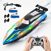 A person holds a high-speed RC speedboat with LED lights, showing the boat and accessories.