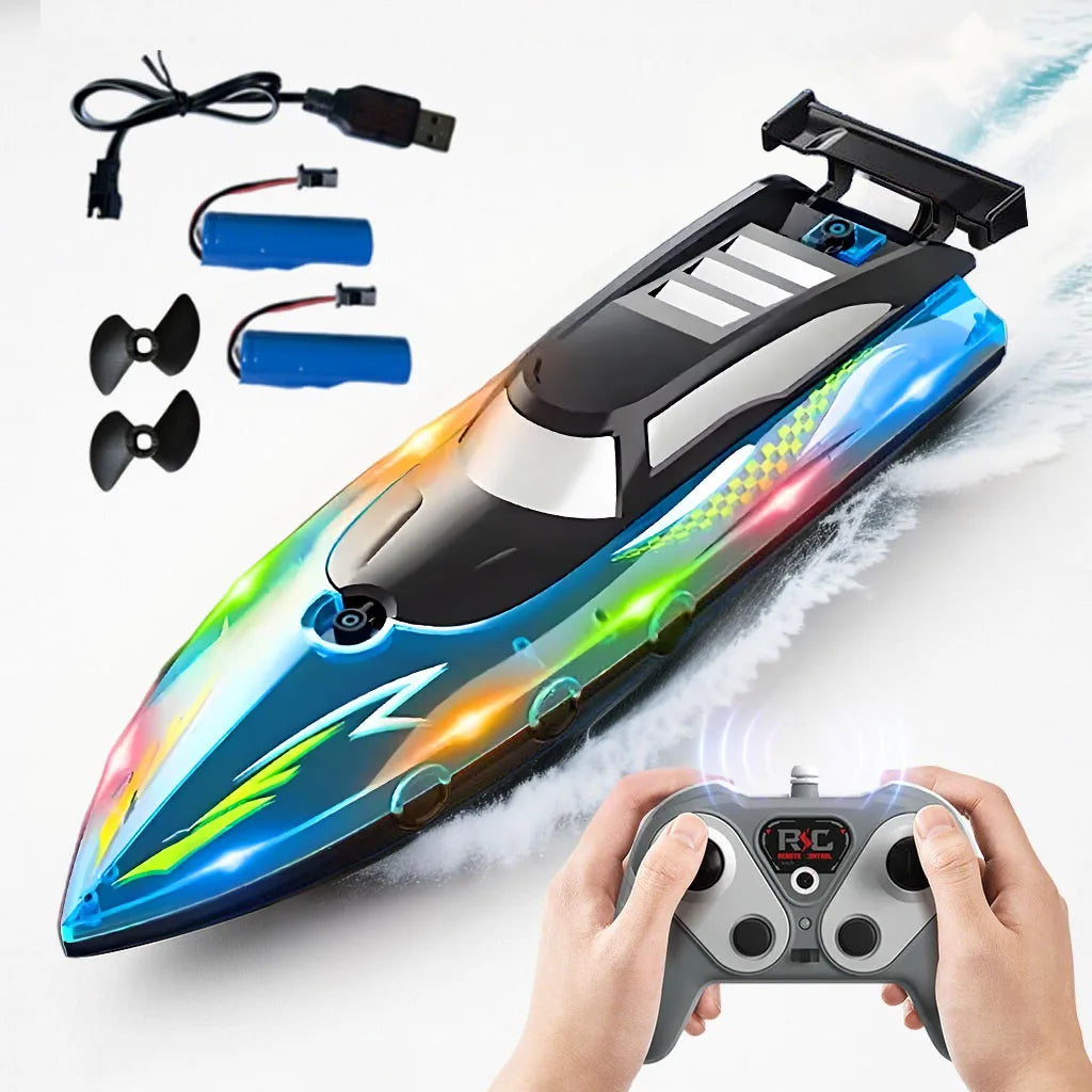A person holds a high-speed RC speedboat with LED lights, showing the boat and accessories.