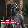 A black leather jacket is shown wearing a black motorcycle bat ear full face helmet.