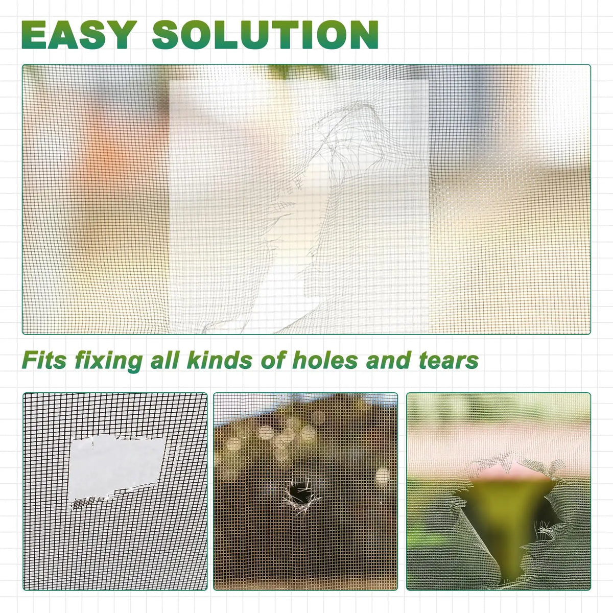 Fiberglass window screen repair tape shown fitting various holes and tears in a mesh screen.