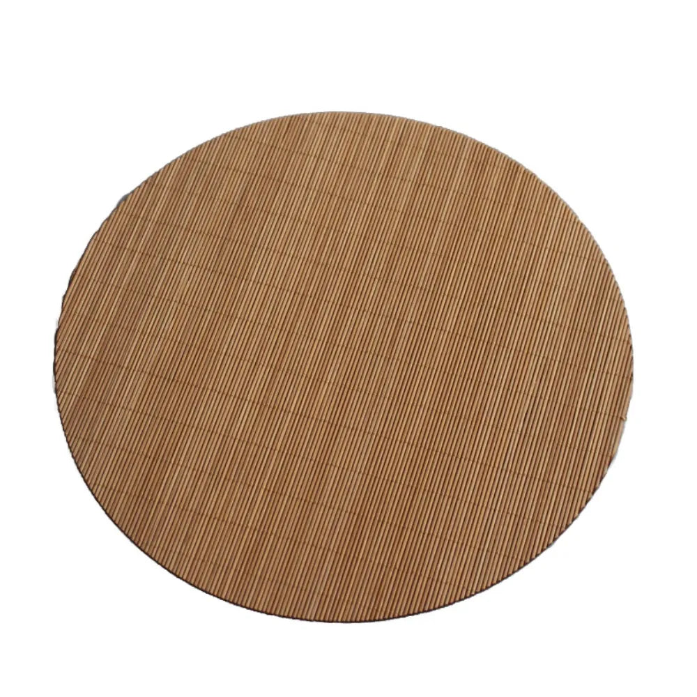 Round, brown bamboo tea mat with vertical woven texture.
