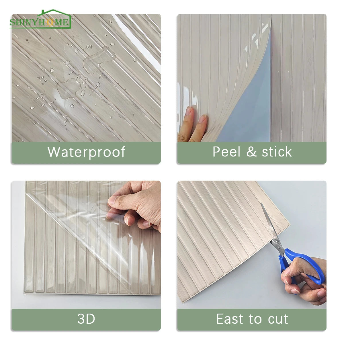 Varias vistas de azulejos de salpicadero de madera con grano, que muestran propiedades impermeables, textura 3D y facilidad d