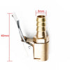 Brass tire inflator chuck with a clip-on valve connector shown with dimension lines.