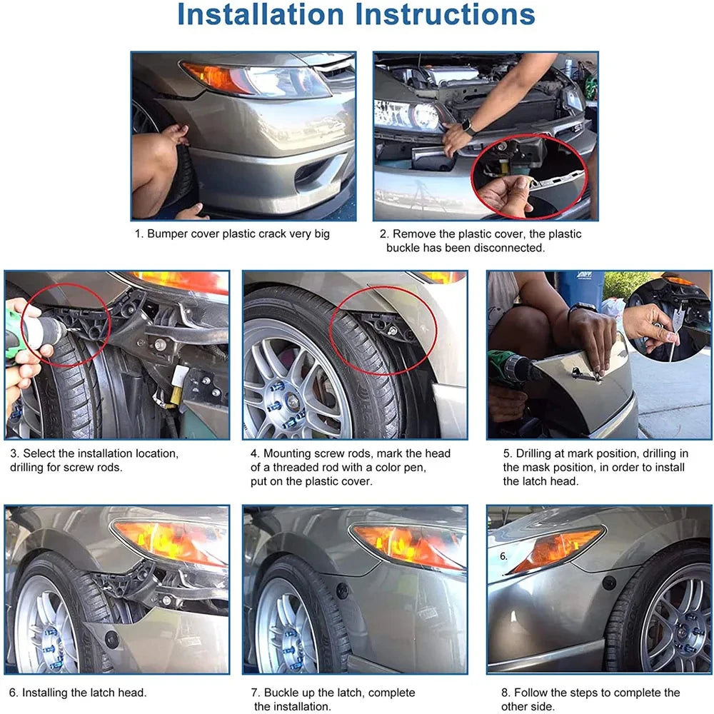 Installationsanleitung, die Schritte zur Montage universeller Schnellverschluss-Halterungen für Motorhauben zeigt.