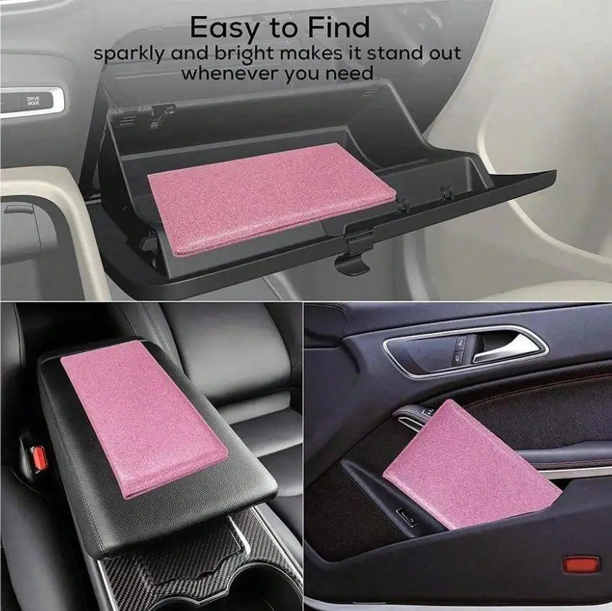 A pink felt document organizer is shown inside a car glove box and dashboard compartment.