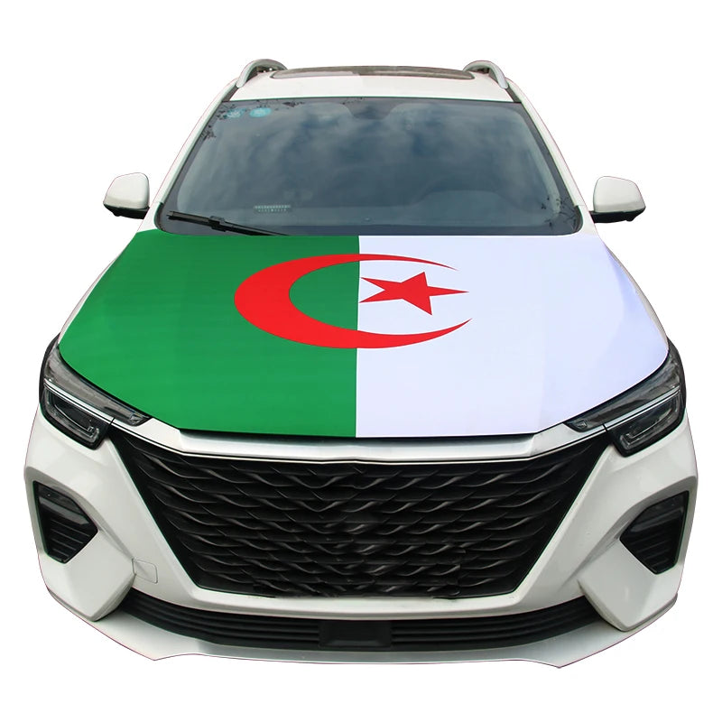 A white car hood covered with the flag of Algeria, featuring green, white, and red colors with a red star.