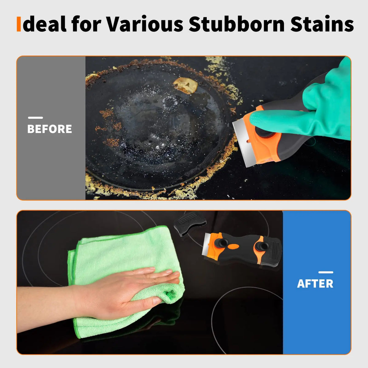Before and after comparison showing a tool removing stubborn stains from a surface.