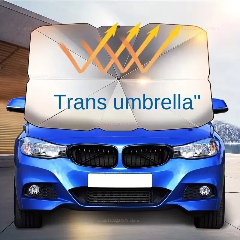 A blue car with a transparent umbrella-shaped sun shade installed on the windshield.