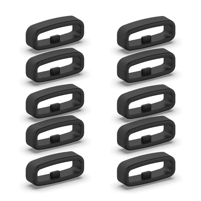 A set of ten black silicone watch strap retainers shown in a row.