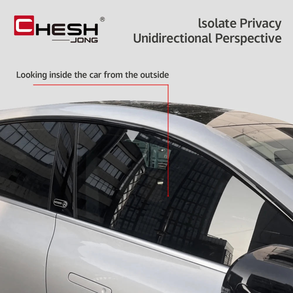 A car window showing an indirect view of the interior, illustrating a unidirectional perspective for privacy tint film.