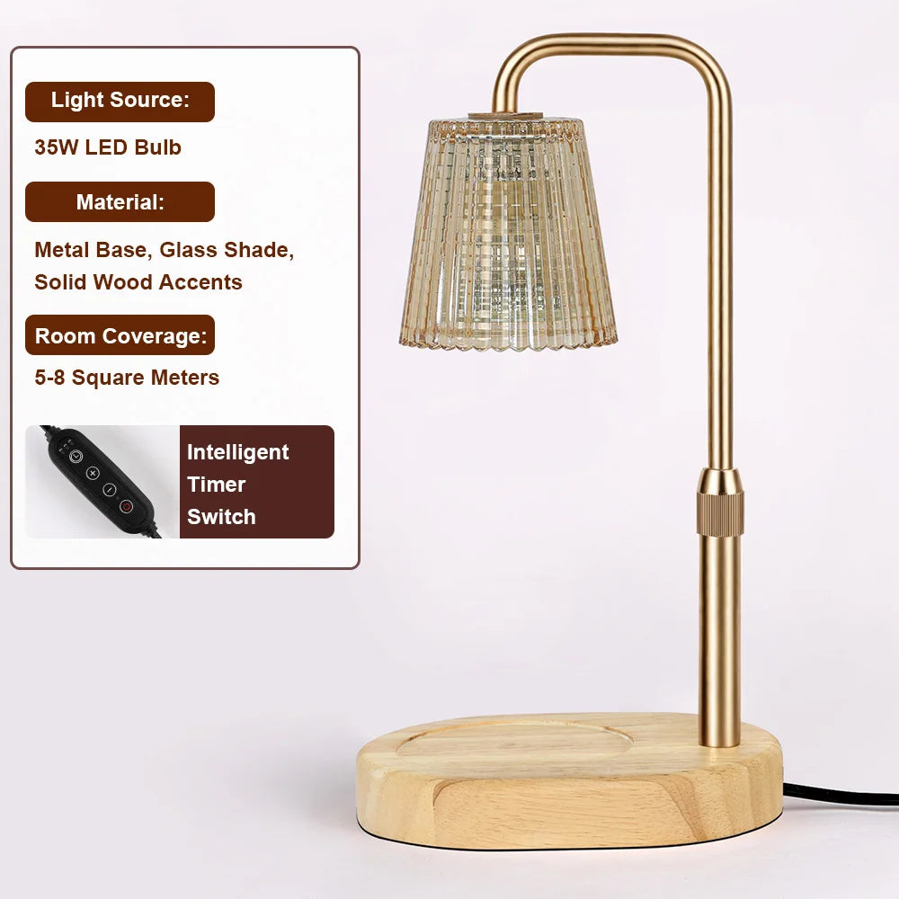 A modern brass floor lamp with a textured glass shade and wooden base, featuring a 35W LED bulb.