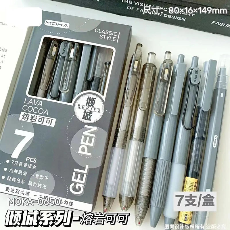 A pack of seven black and silver gel pens shown in a box, highlighting the classic style.