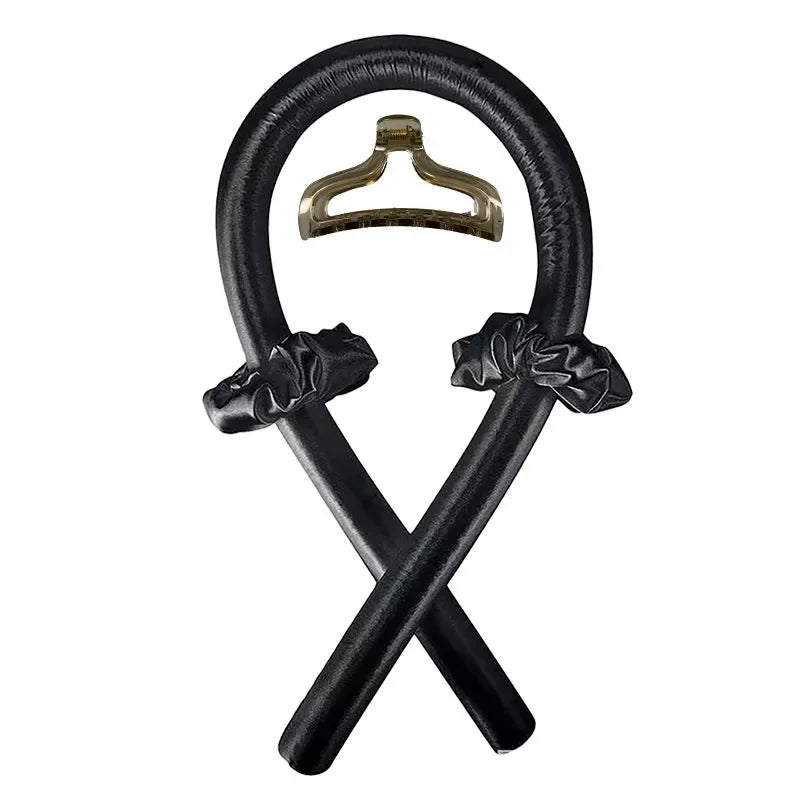 Diadema de seda sin calor negra con clip dorado y lazos de tela