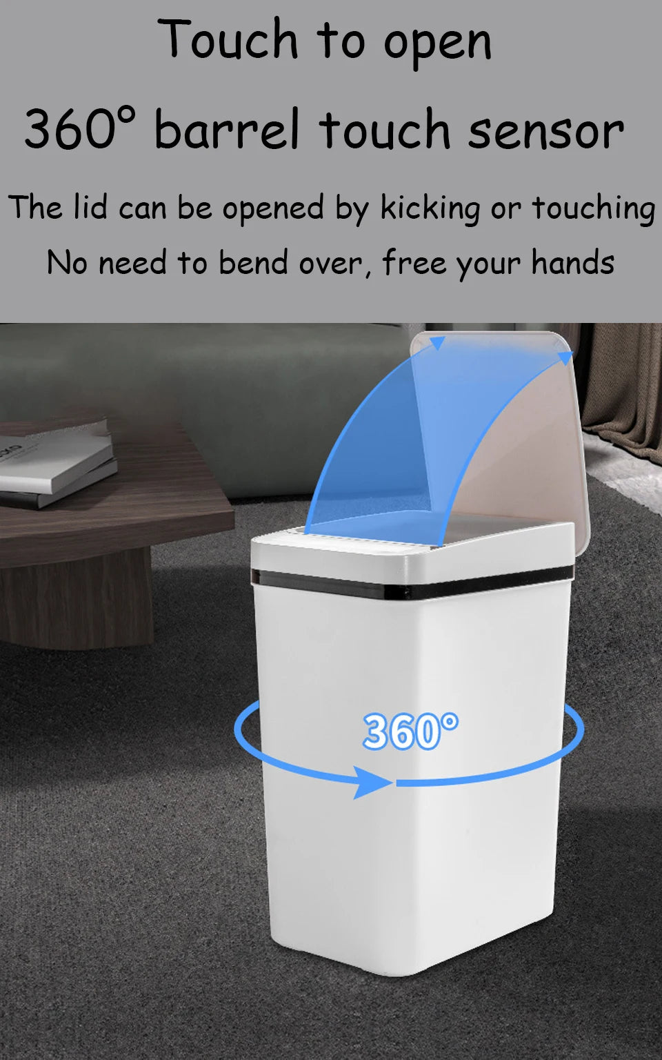A white trash can with a lid featuring a 360 degree touch sensor for opening.