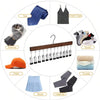 A wooden clip hanger with twelve metal clips is shown alongside various accessories like ties, scarves, tank tops, socks, cap
