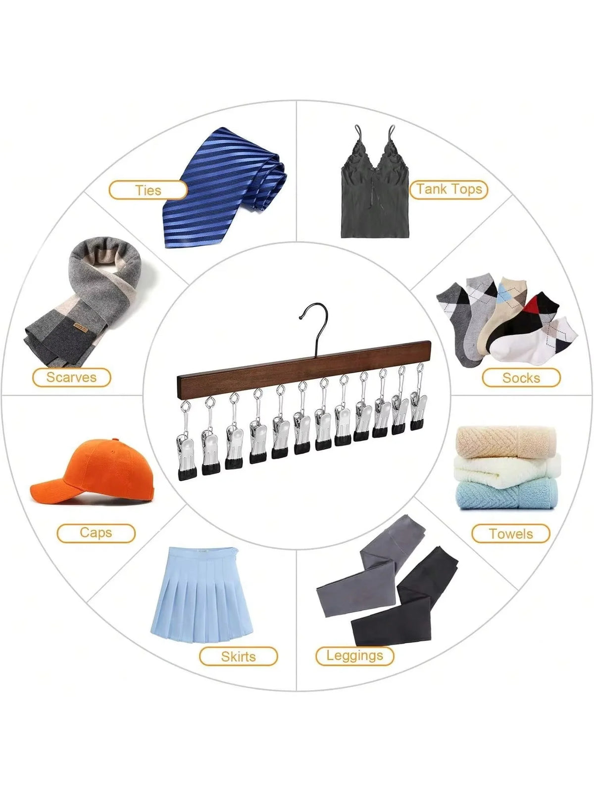 A wooden clip hanger with twelve metal clips is shown alongside various accessories like ties, scarves, tank tops, socks, cap