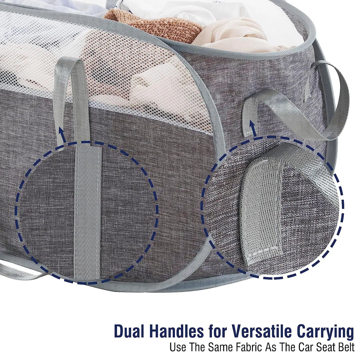 Gray collapsible laundry hamper showing dual fabric handles for versatile carrying