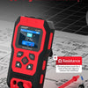 A red digital multimeter device is shown next to a test probe on a technical schematic background.