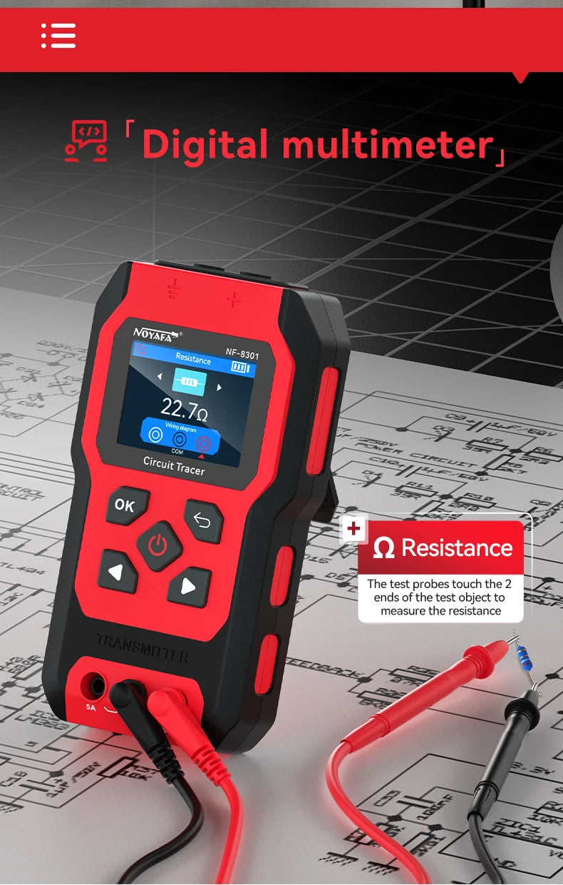 A red digital multimeter device is shown next to a test probe on a technical schematic background.
