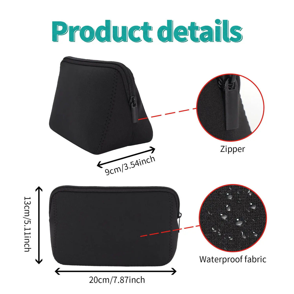 Black waterproof neoprene cosmetic bag with a zipper and waterproof fabric details
