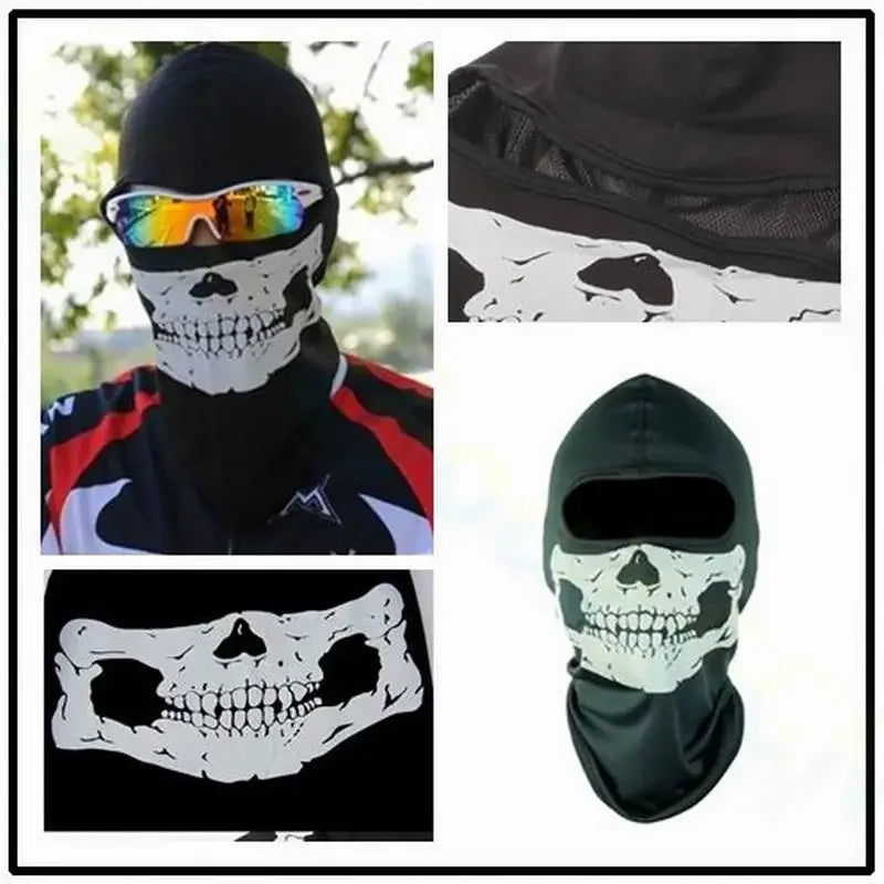 A full face balaclava with a skull print featuring sunglasses, a black fabric mask, and a skull graphic.