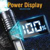 A black high-power LED rechargeable flashlight with a glowing blue power display showing 100%.
