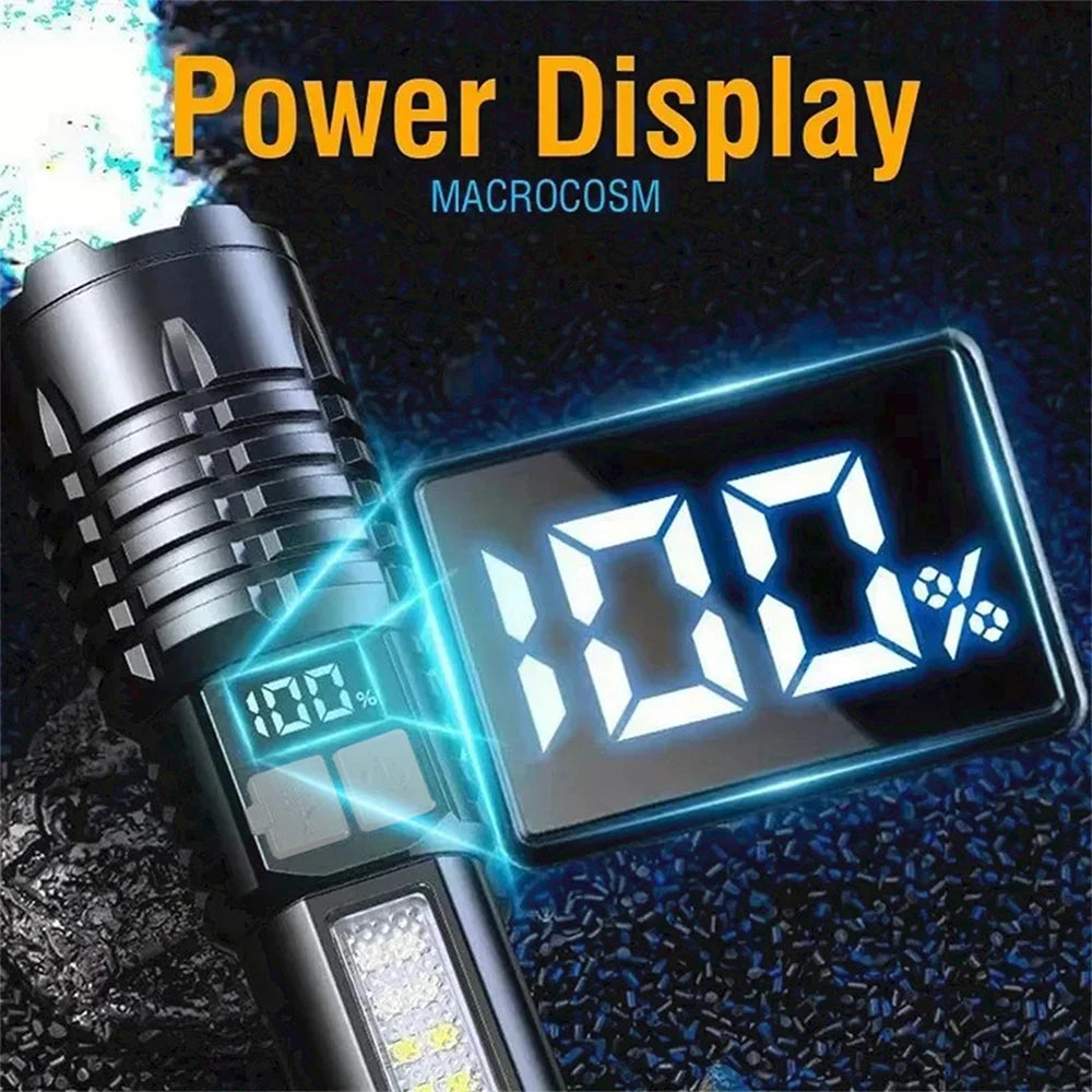 A black high-power LED rechargeable flashlight with a glowing blue power display showing 100%.