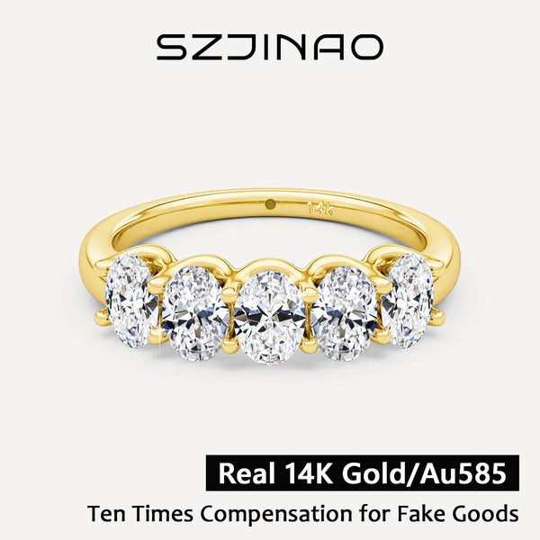 Oval Moissanite Five-Stone Ring in Solid 14K Yellow Gold