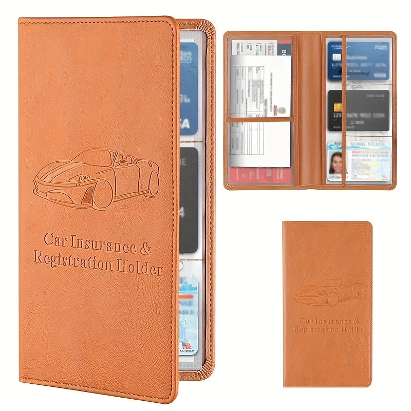 A brown faux leather car insurance and registration holder with a clear plastic sleeve and an open display folder.