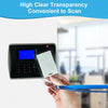 A hand holds a clear waterproof ID card holder with a lanyard slot, demonstrating its transparency and convenience to scan.