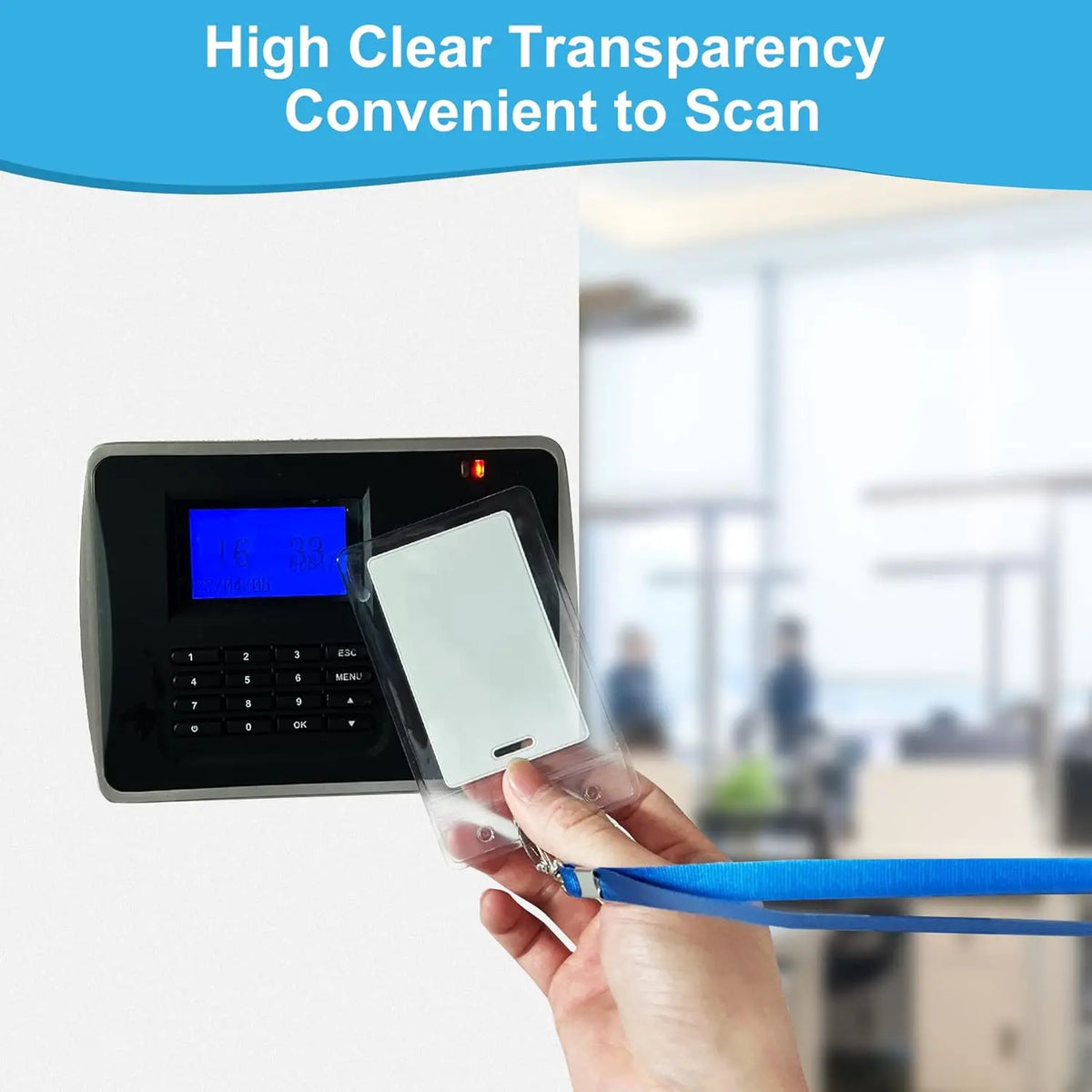 A hand holds a clear waterproof ID card holder with a lanyard slot, demonstrating its transparency and convenience to scan.