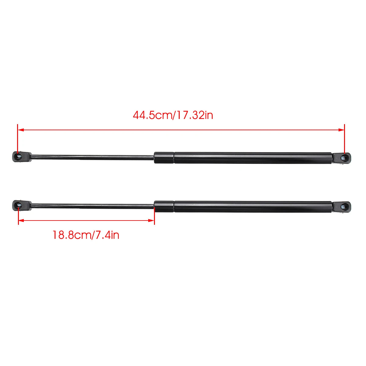 A pair of black heavy-duty hood lift supports for a Jeep Liberty, showing the length of each support.