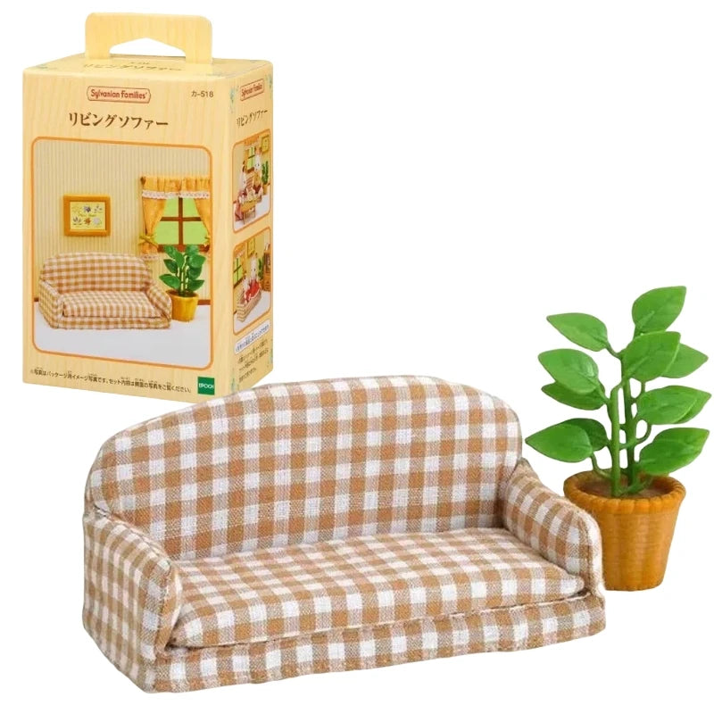 A brown plaid fabric sofa set from Sylvanian Families Forest Friends featuring a sofa and accompanying accessories.