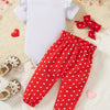 Adorable Heart Print Baby Girl Outfit Set (Romper, Pants & Headband)