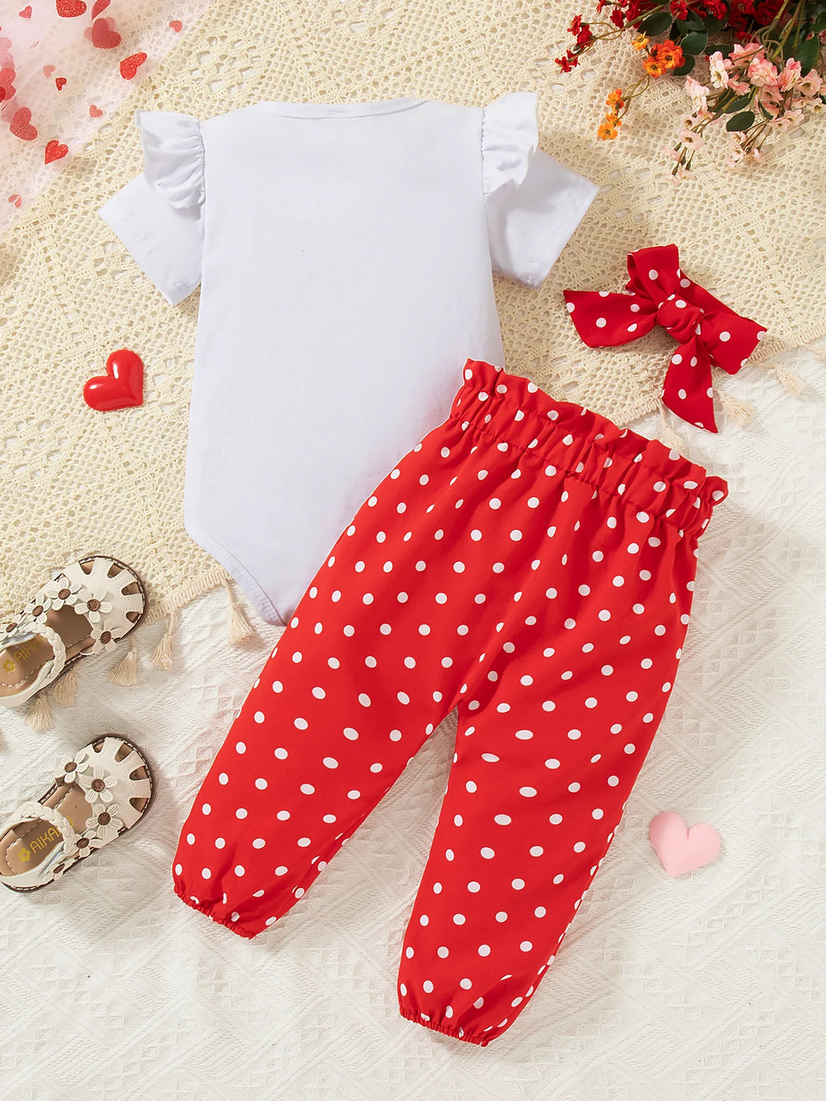 Adorable Heart Print Baby Girl Outfit Set (Romper, Pants & Headband)