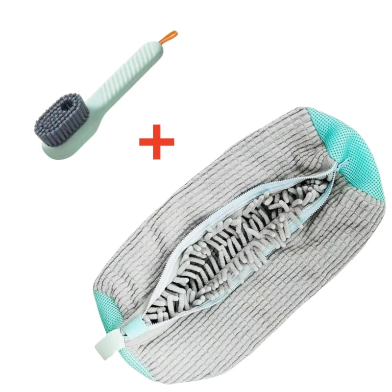 A gray shoe washing machine bag with a light blue trim and a soft bristled cleaning brush set.