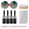 DIY windshield repair kit including repair fluid, cured films, and repair blades