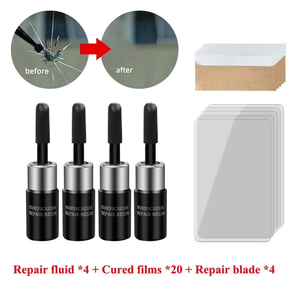 DIY windshield repair kit including repair fluid, cured films, and repair blades
