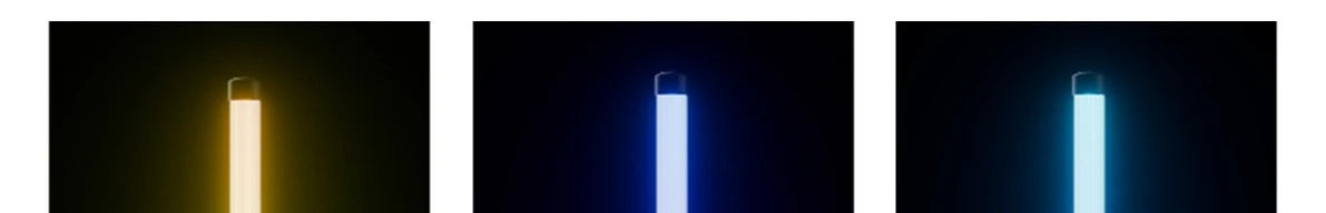 Two vertical LED floor lamps with glowing light bulbs against a dark background.