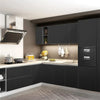 A modern kitchen cabinet and countertop setup with dark gray cabinetry and light countertops.