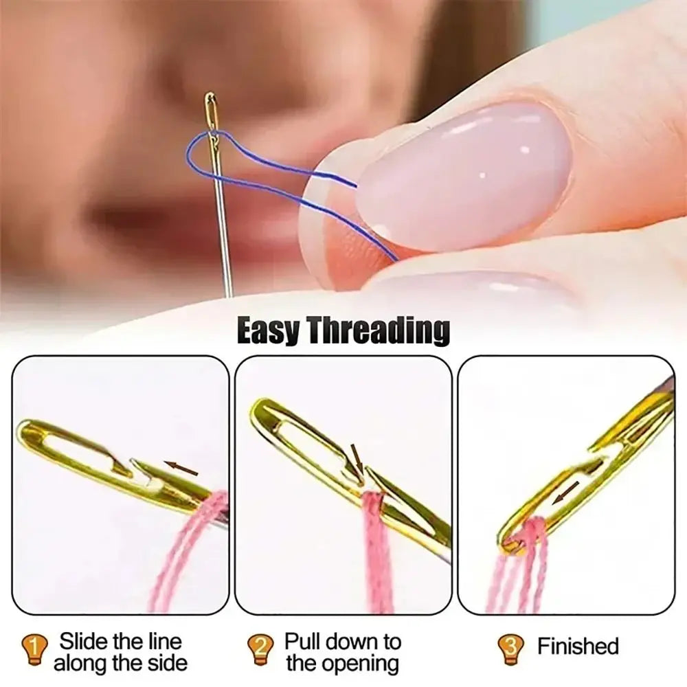 Close-up of a hand threading a pink line through a self-threading sewing needle set with a side hole design.