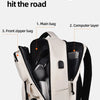 A beige and black professional storage backpack showing its main bag, computer layer, and front zipper bag compartments.