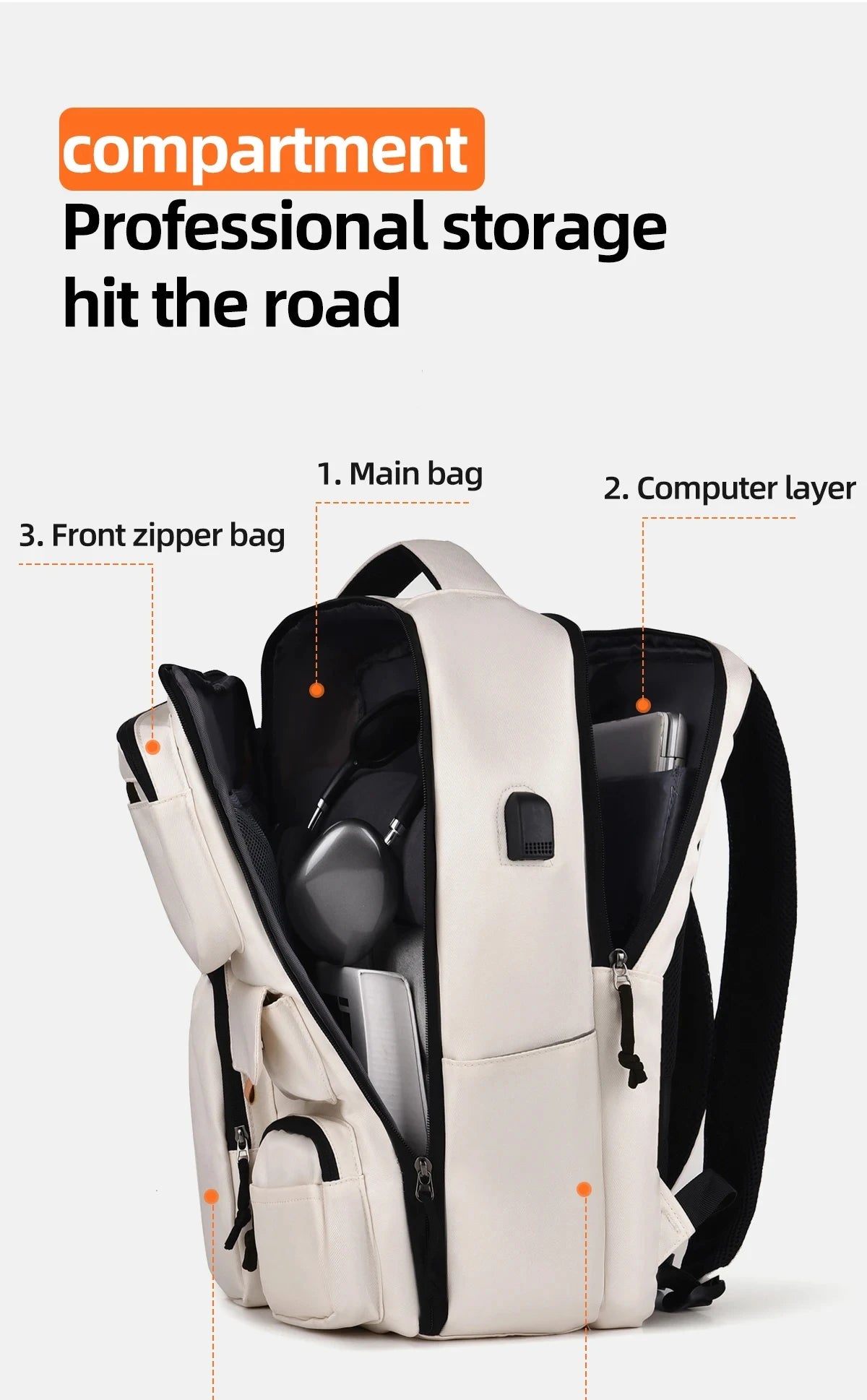 A beige and black professional storage backpack showing its main bag, computer layer, and front zipper bag compartments.