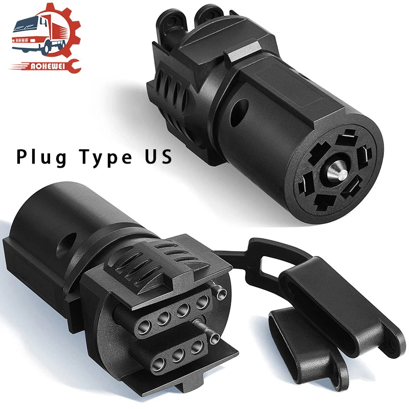 Black 2-in-1 trailer plug adapter featuring a 7-pin to 4/5-pin weatherproof connector and a separate plug.