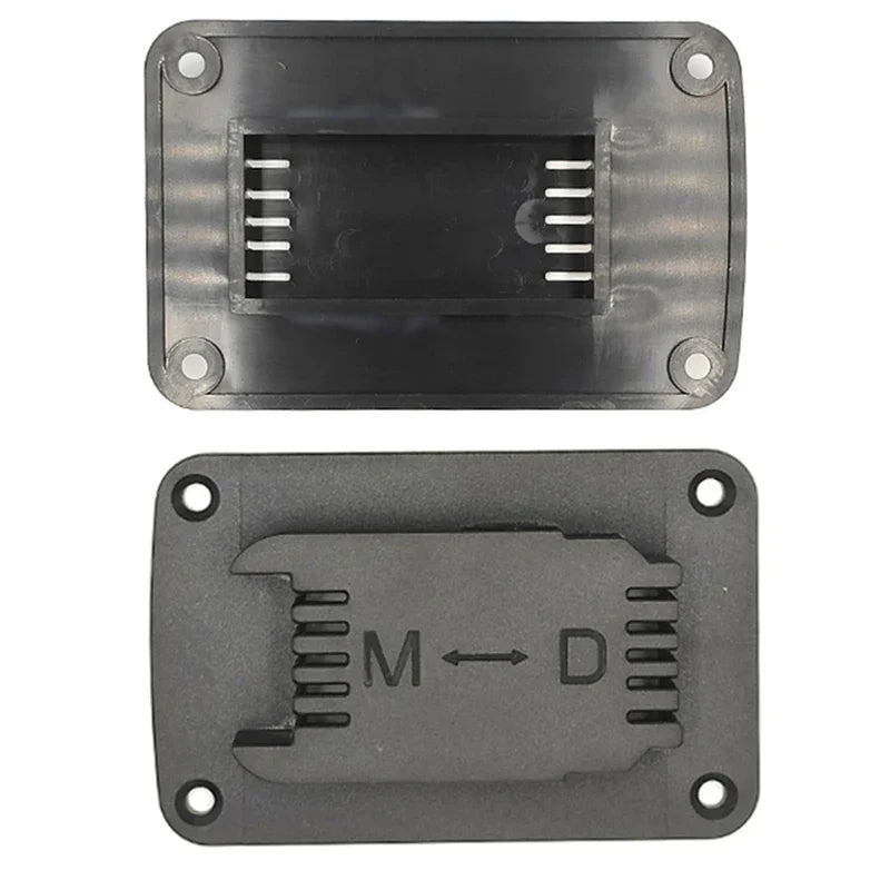Black wall-mounted battery tool holder for Dewalt and Milwaukee tools