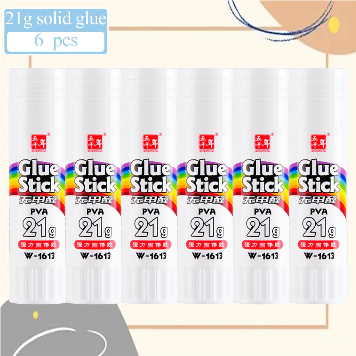 A set of six 21g solid glue sticks in various colors and packaging for crafting and office use