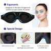 A black 3D contoured silk-touch sleep mask shown with close-ups detailing its ergonomic design and memory foam features.