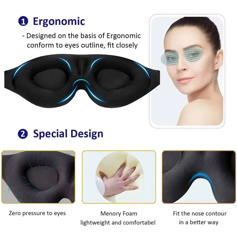 A black 3D contoured silk-touch sleep mask shown with close-ups detailing its ergonomic design and memory foam features.