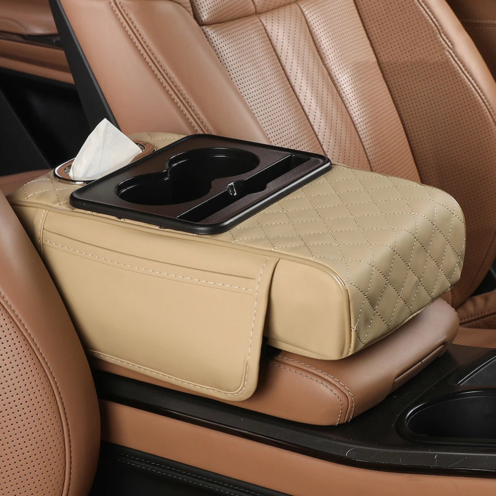 Multifunctional Car Armrest Cushion with Storage and Cup Holder