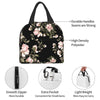 Black watercolor rose insulated lunch bag with durable handles and a smooth zipper